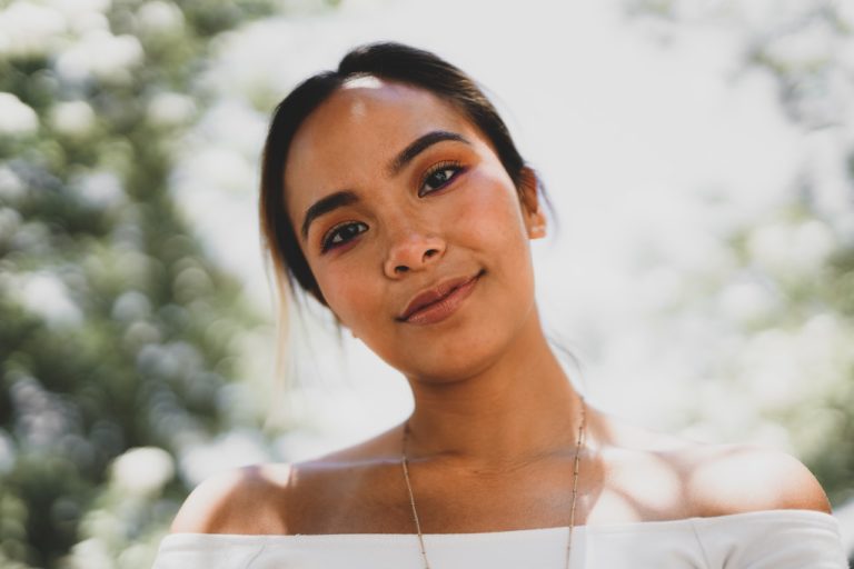 woman looking straight down into camera